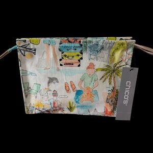 NWT Chicos Sanibel Print Pouch Aria Aqua Vacation Beach Zip‎ Top Bag 570325445